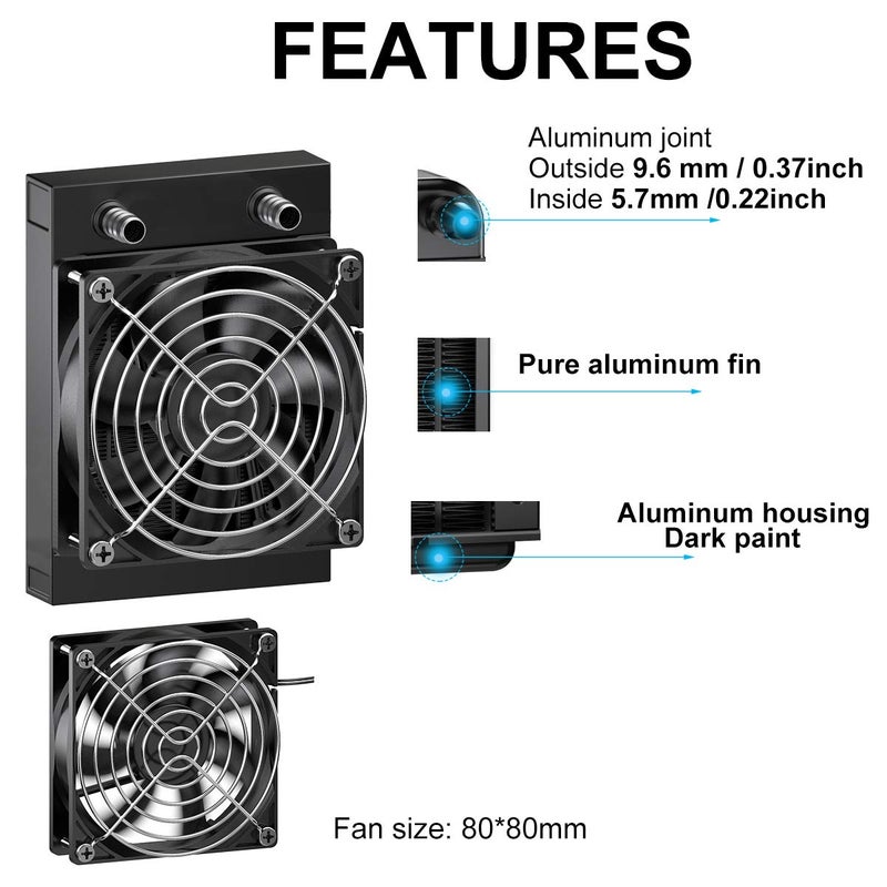 Clyxgs Water Cooling Radiator, 8 Pipe Aluminum Heat Exchanger Radiator with Fan for PC CPU Computer Water Cool System DC12V 80mm Black - Image 2
